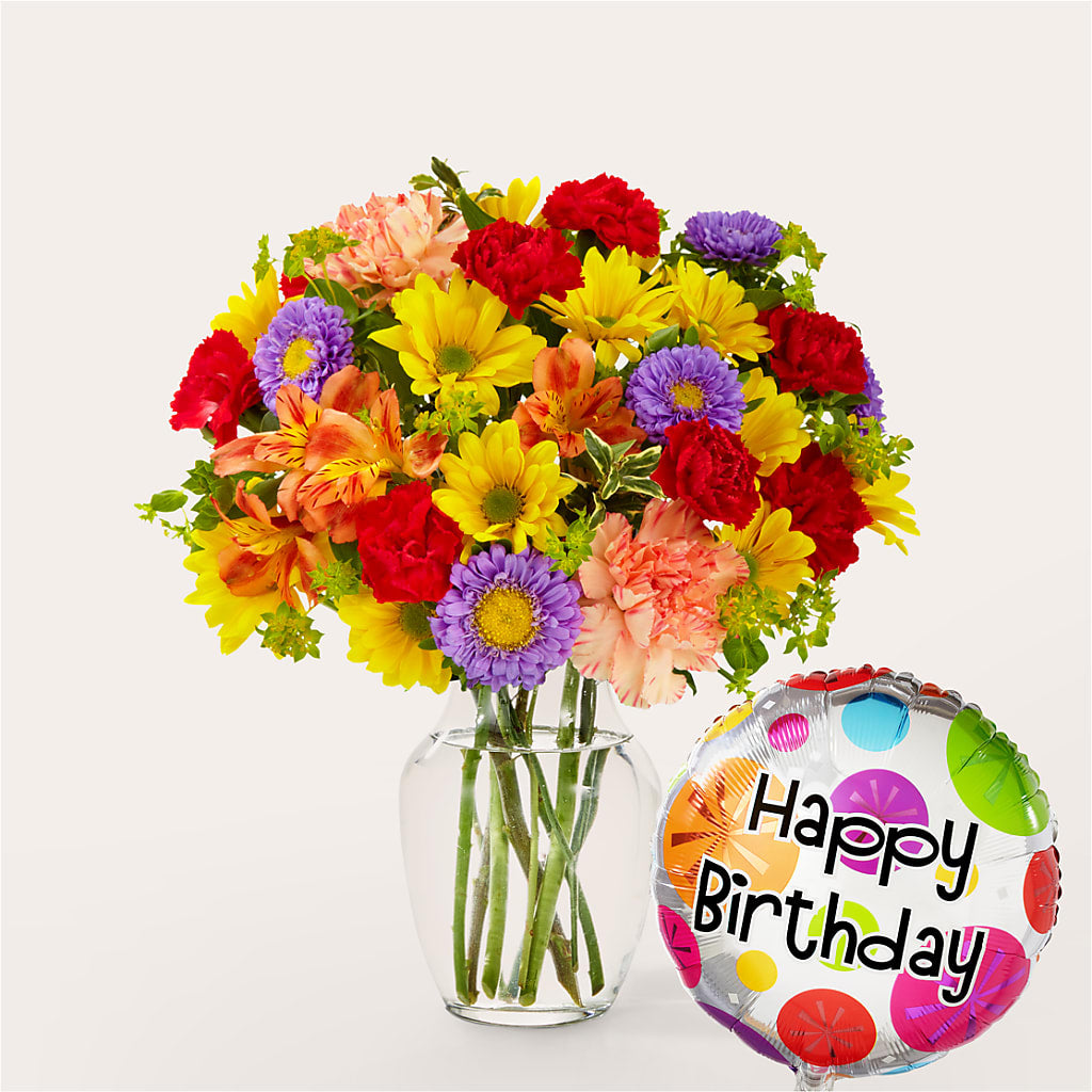 Kaleidoscope Bouquet with Birthday Balloon – Lovely Flowers And Gifts, Islip Terrace NY