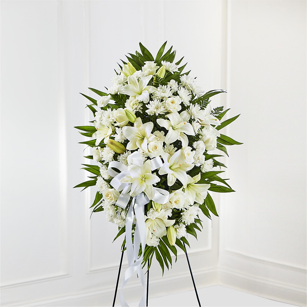 Exquisite Tribute Standing Spray-White Ribbon – Lovely Flowers And Gifts, Islip Terrace NY